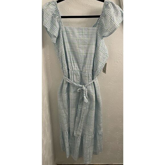 St. John's Bay Dresses & Skirts - St. John’s Bay Square Neck Midi Plaid Romantic Dress Large NWT Pastel Spring